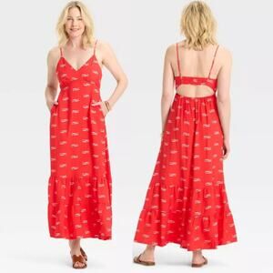A New Day Women's Open Back Maxi Dress Red White Fish Print Size Small